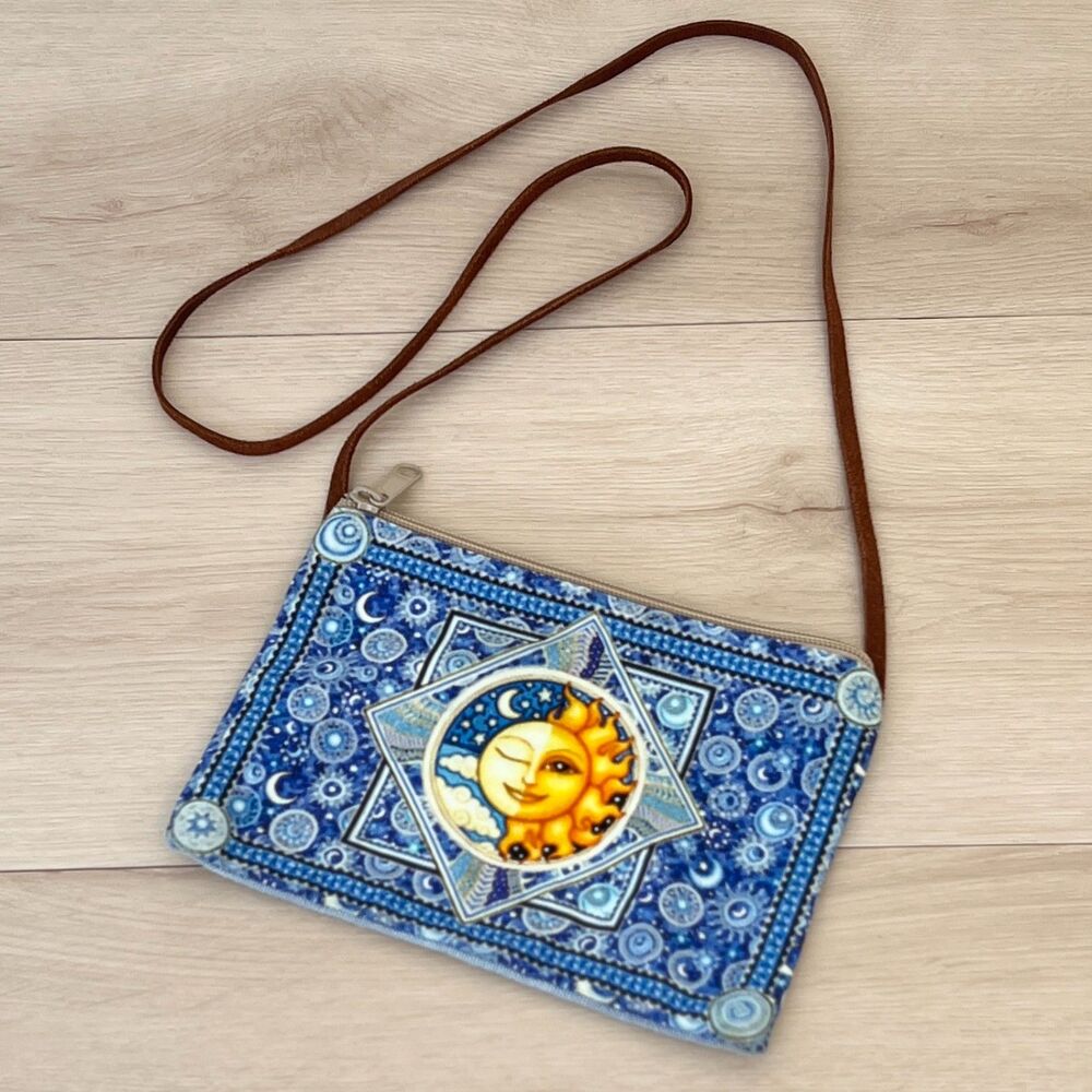 Dan Morris Sun & Moon Celestial Denim & Leather Crossbody Small Zipper Purse